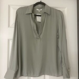 VINCE Silk Blend Polo Shirt Split V Neck Green “Silver Sage” Women's Top NEW